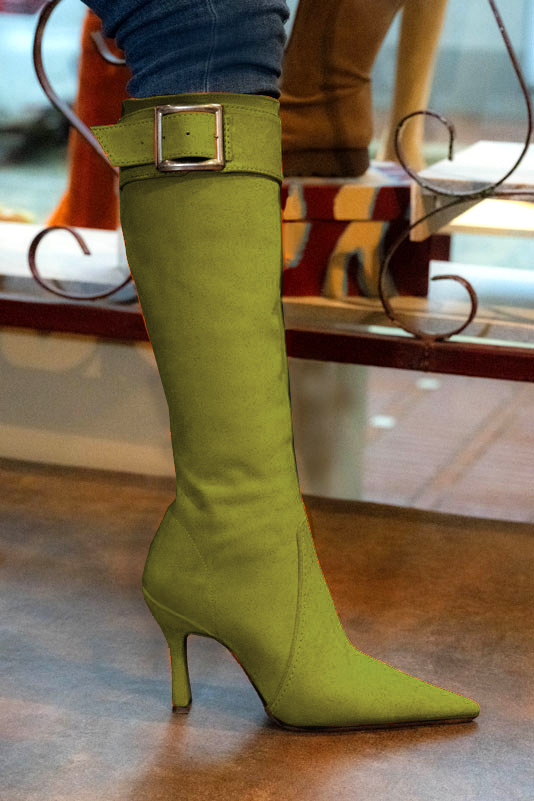 Pistachio green women's feminine knee-high boots. Pointed toe. Very high spool heels. Made to measure. Worn view - Florence KOOIJMAN